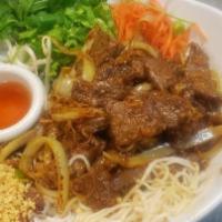 70. Lemongrass Beef Vermicelli · Thin rice noodles with fresh lettuce, cucumber, bean sprouts, crushed peanuts, shredded carr...