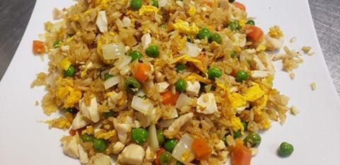 83. Chicken Fried Rice Dish · Fried rice with egg, onions, carrots, peas and your choice of meat. 