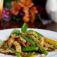 Thai Basil Chicken · Shredded bell peper and onion stir-fried with sweet and spicy thai basil sauce.