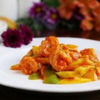Spicy Mango Shrimp · Bell pepper, onion and mango in a rich, sweet mildly hot mango sauce.