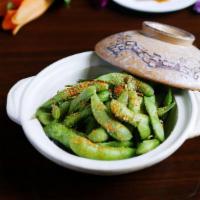 Spiced Edamame · Steamed soy bean in pods seasoned with sea salt and Japanese spices.