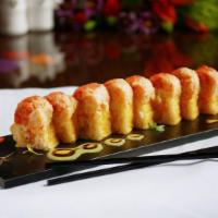 Sunrise Roll · Tempura shrimp, avocado, cucumber and spicy crab meat, topped with spicy tuna, crawfish sala...