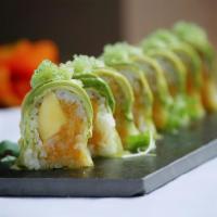 Wasabi Roll · Crunchy spicy scallop and mango rolled with nori seaweed, topped with avocado and wasabi tob...