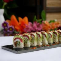 Spiderman Roll  · Soft shell crab and cucumber in sesame soy paper, topped with tuna, avocado, red tobiko, sca...