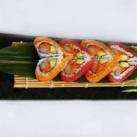 Sweet Heart Roll · Spicy tuna, yellowtail, avocado and tempura crunch rolled in nori seaweed, topped with tuna ...