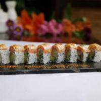 Smoky Salmon Roll · Smoked salmon, cream cheese and cucumber, topped with lightly torched salmon and schichimi t...