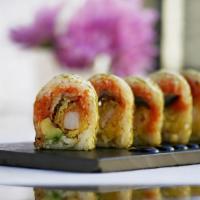 Viper Roll  · Eel, avocado, tempura shrimp and spicy tuna wrapped with marble seaweed, topped with eel sau...
