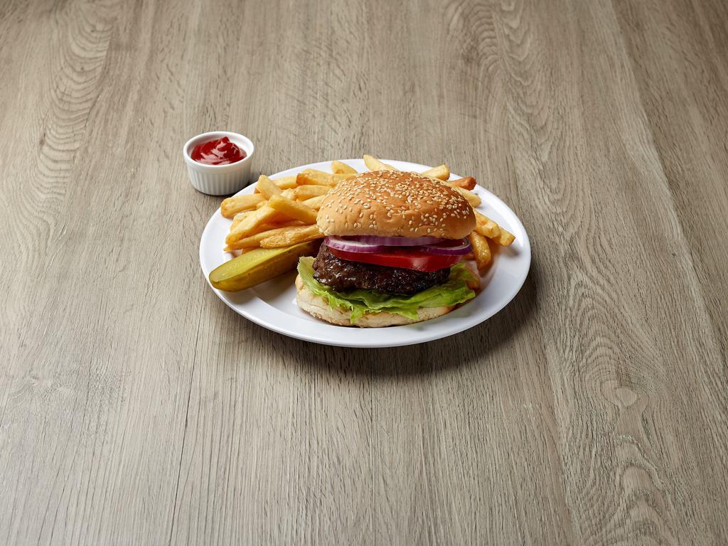 Classic · Hand-formed ½-pound patty with lettuce, tomato, onion, and pickle chips. Served with fries.