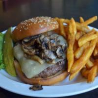 Mushroom and Swiss Burger · 1/3 lb. all beef patty, on a brioche bun with sauteed mushrooms and melted Swiss cheese.