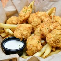 Chicken Bites · Crispy fried with honey mustard, ranch dressing & BBQ sauce & fries