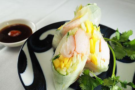 Fresh Shrimp Summer Roll · Shrimp, cucumber, mango and mint wrapped with rice paper with plum sauce.