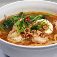Hokkien Prawn Mee Noodle Soup · Malaysian kang kung, bean sprouts, hard-boiled egg, fried shallots and garlic in spicy shrim...