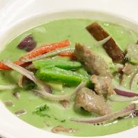 Green Curry Entree · Served with rice. Spicy coconut milk, bamboo shoots, basil leaves, onions, peppers and eggpl...