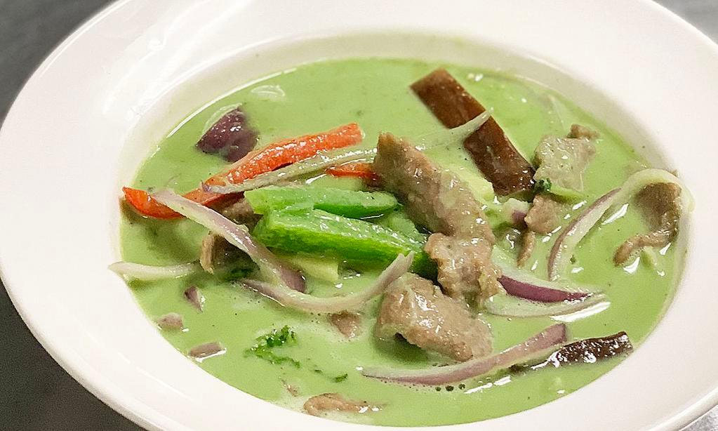 Green Curry Entree · Served with rice. Spicy coconut milk, bamboo shoots, basil leaves, onions, peppers and eggplants. 