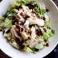 Chicken Cranberry Salad · Blue cheese, toasted almonds, dried cranberries, lettuce, and poppyseed dressing served on t...
