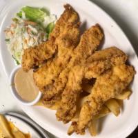 Chicken Tender Platters · Fresh chicken tenders fried golden brown and served with fries and coleslaw.
