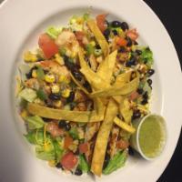 Santa fe Salad · A combination of grilled chicken, black bean, corn and bell pepper salsa, tomato, lettuce, s...