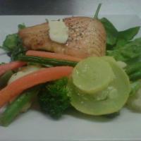 Salmon · 8 oz. of grilled salmon served on a bed of fresh spinach, almonds and dried red cherries wit...