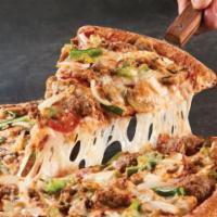 Deluxe Pizza · Pepperoni, Italian sausage, mushrooms, green peppers, onions, our original sauce, and 3 fres...