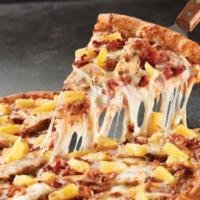 Hawaiian Chicken Pizza · Ham, grilled chicken, bacon, pineapple, our original sauce and 3 fresh signature cheeses.