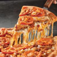 Chicken Fresco Pizza · Cheese, grilled chicken, bacon, onions, tomatoes, sprinkling of extra cheese.