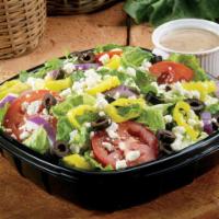 Greek Salad Regular Size · Fresh-cut lettuce blend, feta cheese crumbles, black olives, sliced tomatoes, red onions and...
