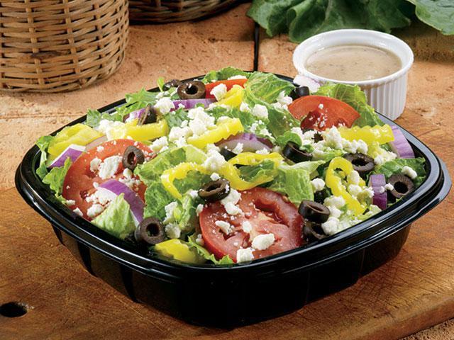 Greek Salad · Fresh-cut lettuce blend, feta cheese crumbles, black olives, sliced tomatoes, red onions and banana peppers; served with Greek dressing.