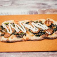 Spicy Sausage Flatbread · Chili, extra virgin olive oil, garlic aioli and kale. Spicy.