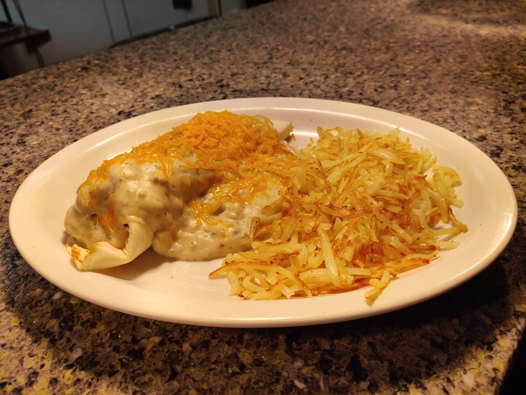 Breakfast Burrito · Ham, bacon or sausage smothered in red or green chili or country gravy and served with potatoes.