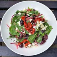Mediterranean Salad · Field greens, roasted peppers, pickled onion, Kalamata olives, cucumbers, feta cheese, balsa...