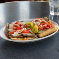 Veggie Sandwich · Grilled eggplant, red bell peppers, Swiss cheese, onions and marinara (served open face).