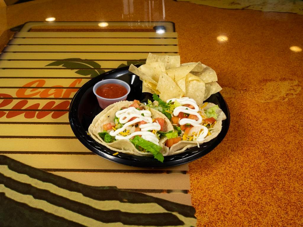 Rumba Taco · Fresh corn or flour tortilla served with your choice of meat and topped with cheese, lettuce, salsa and sour cream.