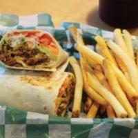 Angus Cheeseburger Wrap · Served with straight cut fries. Angus burger with American cheese, mustard, pickle, mayo, to...