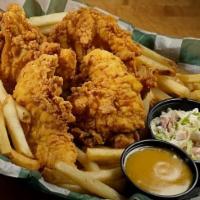 Hand Breaded Chicken Tenders · 4 crispy chicken tenders, hand-breaded and fried to perfection. Served with fries or creamy ...
