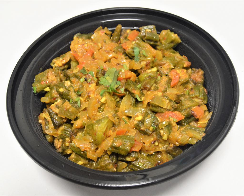 69. Bhindi Masala · Okra sauteed with onions and peppers. Served with rice.