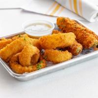 Pickles and Rings Plate · Fried pickles and onion rings. Served with buttermilk ranch.