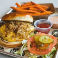 Mad Burger · Two 4 oz. fresh beef patties, American cheese, lettuce,
tomato, pickles, grilled onions, and...