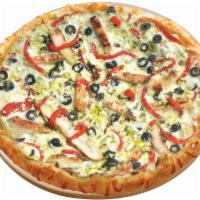Chicken Pesto Pizza · A pesto sauce base layered with grilled chicken, roasted red peppers and black olives and to...