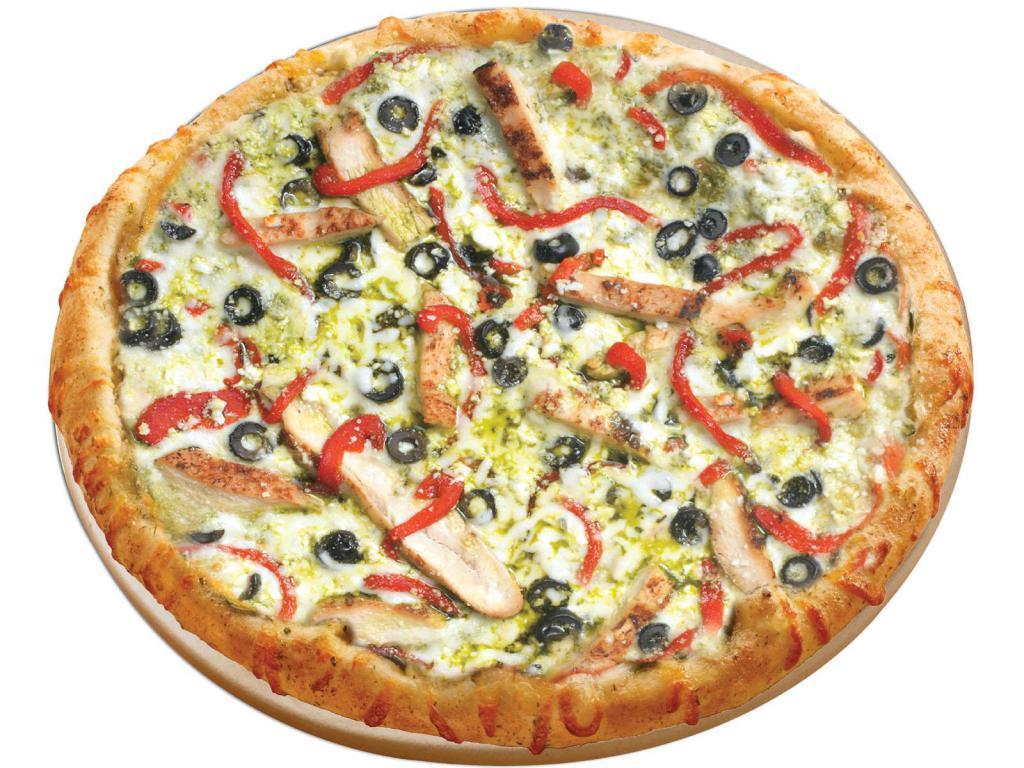 Chicken Pesto Pizza · A pesto sauce base layered with grilled chicken, roasted red peppers and black olives and topped with feta, mozzarella and Pecorino Romano cheeses.
