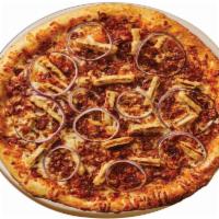 Chef's BBQ Chicken Pizza · Fresh mozzarella cheese, BBQ sauce, grilled chicken, Canadian bacon, red onion and cheddar c...