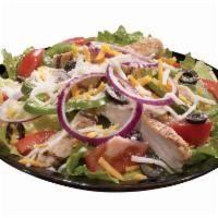 Tuscan Grilled Chicken Salad · Mixed greens, grilled chicken, red onions, crisp green peppers, black olives, ripe tomatoes ...