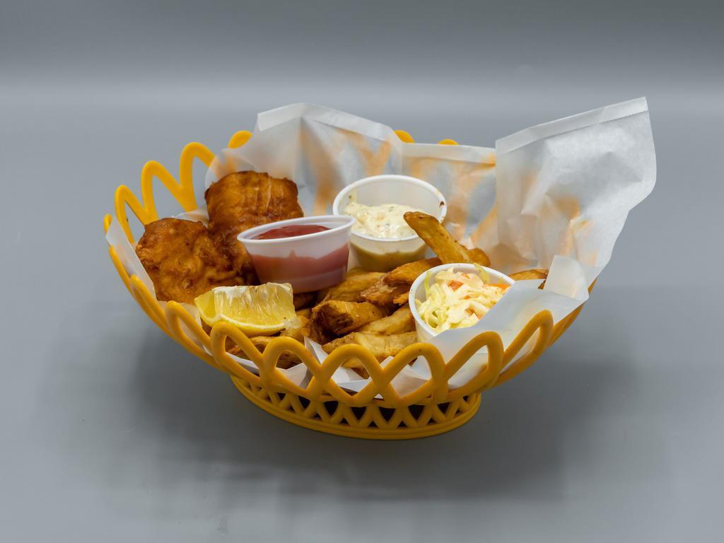 Fish and Chips Basket · 2 authentic beer battered cod fish with french fries.