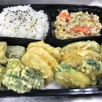 Vegetable Tempura · Deep fried tempura battered vegetables. Served with rice and pasta salad.