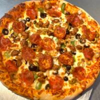 The Works · pepperoni, sausage, bell peppers, onions, mushrooms, black olives, green olives, cheese 