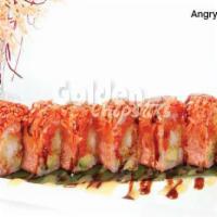 Angry Dragon Roll · Raw. Shrimp tempura, avocado, spicy tuna inside, topped with crab meat, served with nuta sau...