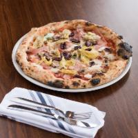 Capricciosa Pizza · San Marzano tomatoes sauce, fresh mozzarella, basil, mushrooms, prosciutto cotto, black oliv...