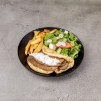 Open Gyro or Chicken Gyro Deluxe · Served with tzatziki sauce, Greek salad & french fries.