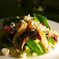Organic Mixed Greens Salad · Served with light balsamic vinaigrette. Add roasted pear and blue cheese for an additional c...