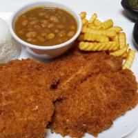 Pechuga de Pollo Empanizada · Whole breaded boneless chicken breast. White rice and red beans and french fries.