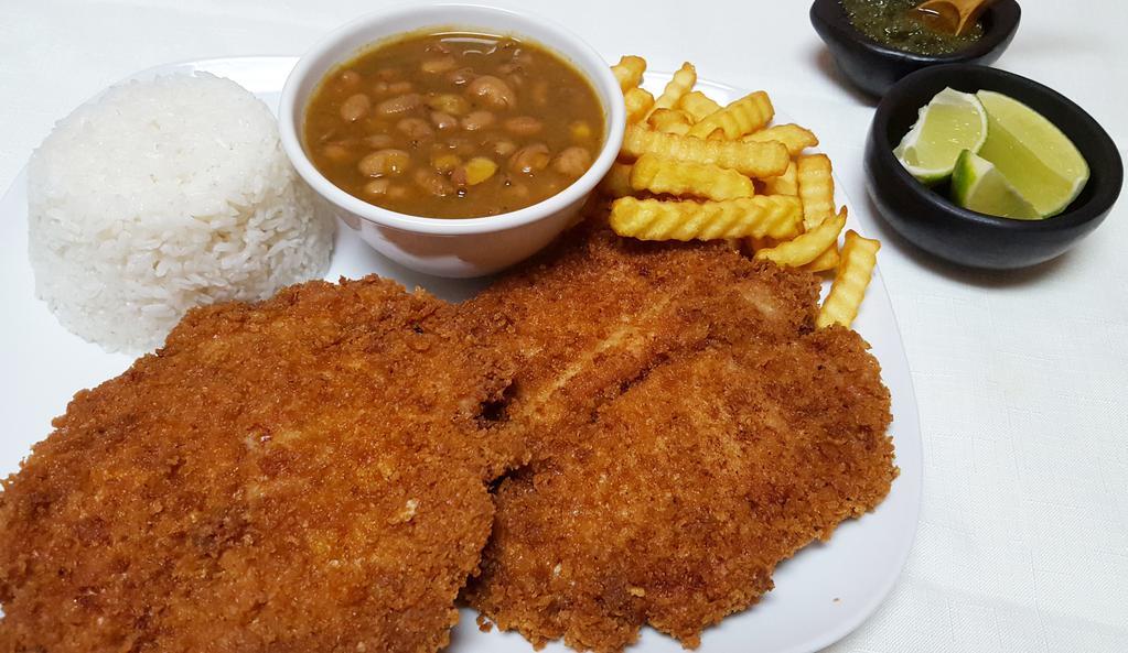 Pechuga de Pollo Empanizada · Whole breaded boneless chicken breast. White rice and red beans and french fries.